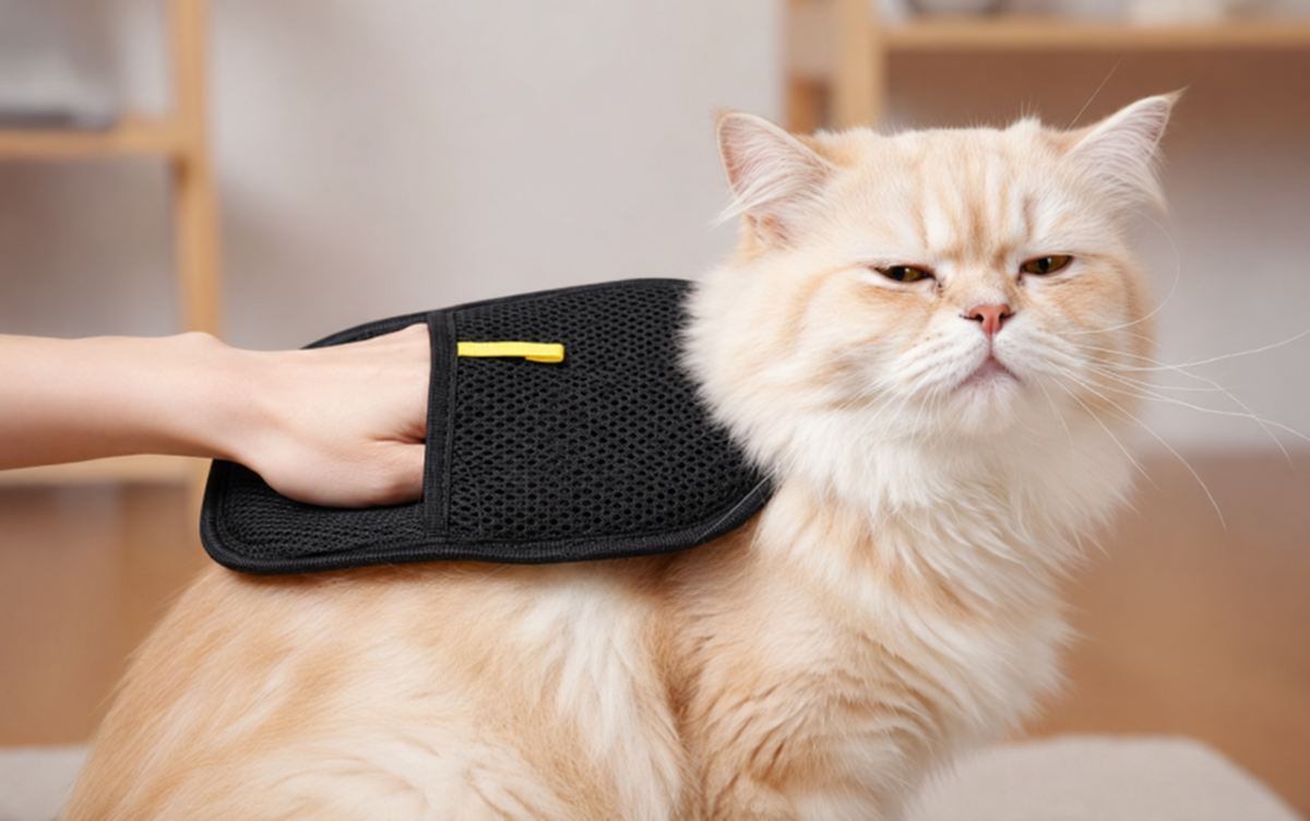A MimoGlove a ser passada suavemente pelo pelo de um gato.