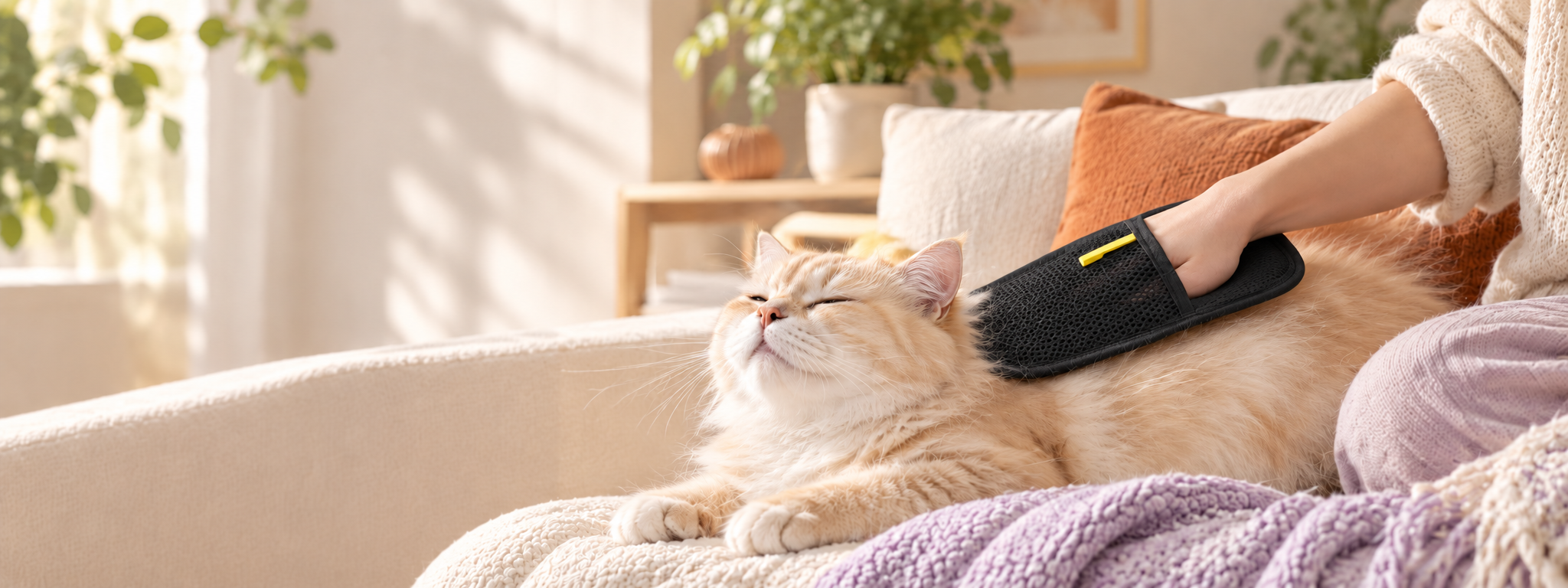 Um gato a ser acariciado com a luva MimoGlove.